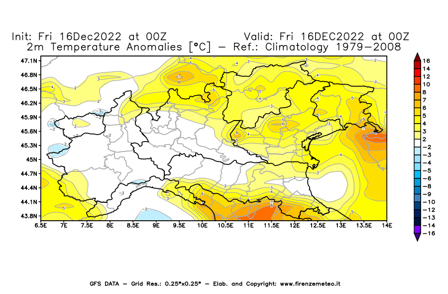 Mappa di analisi GFS - Anomalia Temperatura [°C] a 2 m in Nord-Italia
							del 16/12/2022 00 <!--googleoff: index-->UTC<!--googleon: index-->
