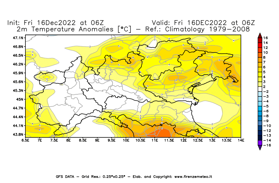 Mappa di analisi GFS - Anomalia Temperatura [°C] a 2 m in Nord-Italia
							del 16/12/2022 06 <!--googleoff: index-->UTC<!--googleon: index-->