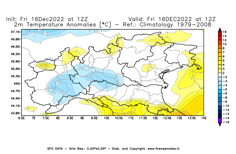 Mappa di analisi GFS - Anomalia Temperatura [°C] a 2 m in Nord-Italia
							del 16/12/2022 12 <!--googleoff: index-->UTC<!--googleon: index-->