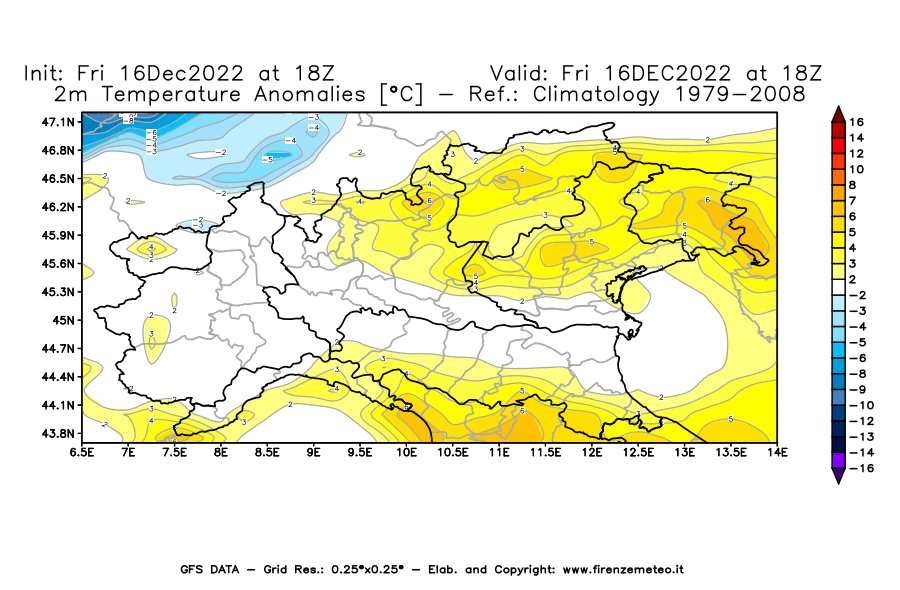 Mappa di analisi GFS - Anomalia Temperatura [°C] a 2 m in Nord-Italia
							del 16/12/2022 18 <!--googleoff: index-->UTC<!--googleon: index-->