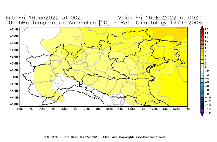 Mappa di analisi GFS - Anomalia Temperatura [°C] a 500 hPa in Nord-Italia
							del 16/12/2022 00 <!--googleoff: index-->UTC<!--googleon: index-->