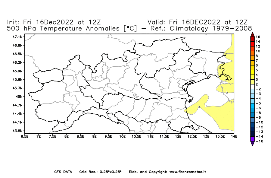 Mappa di analisi GFS - Anomalia Temperatura [°C] a 500 hPa in Nord-Italia
							del 16/12/2022 12 <!--googleoff: index-->UTC<!--googleon: index-->