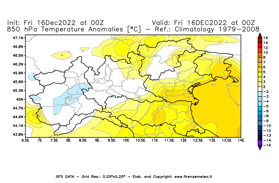 Mappa di analisi GFS - Anomalia Temperatura [°C] a 850 hPa in Nord-Italia
							del 16/12/2022 00 <!--googleoff: index-->UTC<!--googleon: index-->