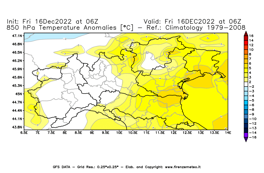 Mappa di analisi GFS - Anomalia Temperatura [°C] a 850 hPa in Nord-Italia
							del 16/12/2022 06 <!--googleoff: index-->UTC<!--googleon: index-->