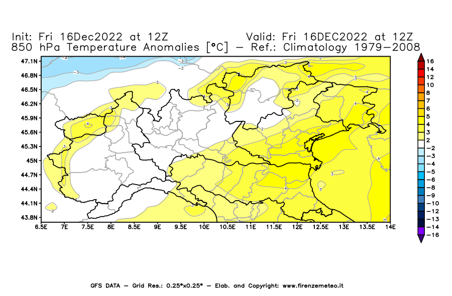 Mappa di analisi GFS - Anomalia Temperatura [°C] a 850 hPa in Nord-Italia
							del 16/12/2022 12 <!--googleoff: index-->UTC<!--googleon: index-->