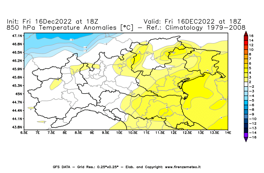 Mappa di analisi GFS - Anomalia Temperatura [°C] a 850 hPa in Nord-Italia
							del 16/12/2022 18 <!--googleoff: index-->UTC<!--googleon: index-->