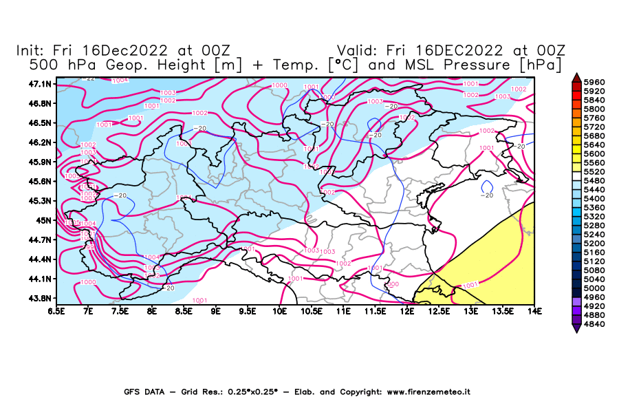 Mappa di analisi GFS - Geopotenziale [m] + Temp. [°C] a 500 hPa + Press. a livello del mare [hPa] in Nord-Italia
							del 16/12/2022 00 <!--googleoff: index-->UTC<!--googleon: index-->