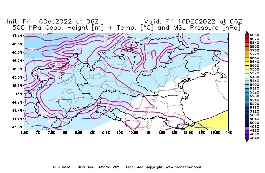 Mappa di analisi GFS - Geopotenziale [m] + Temp. [°C] a 500 hPa + Press. a livello del mare [hPa] in Nord-Italia
							del 16/12/2022 06 <!--googleoff: index-->UTC<!--googleon: index-->