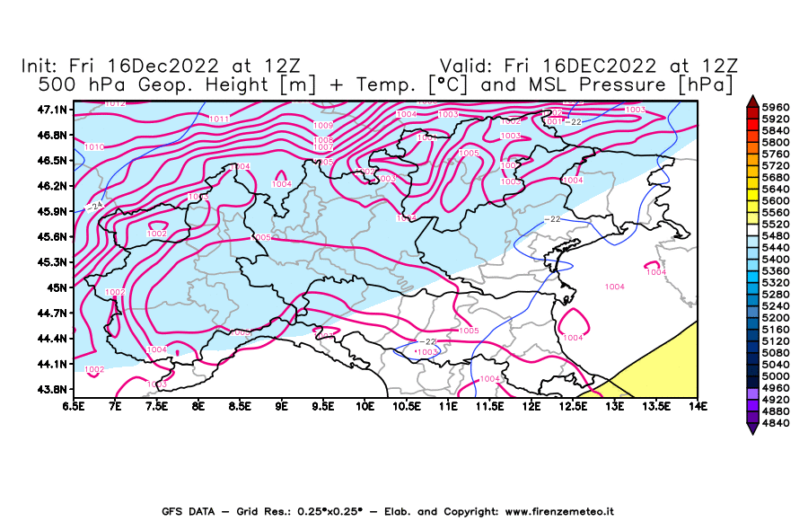 Mappa di analisi GFS - Geopotenziale [m] + Temp. [°C] a 500 hPa + Press. a livello del mare [hPa] in Nord-Italia
							del 16/12/2022 12 <!--googleoff: index-->UTC<!--googleon: index-->