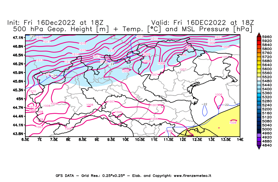 Mappa di analisi GFS - Geopotenziale [m] + Temp. [°C] a 500 hPa + Press. a livello del mare [hPa] in Nord-Italia
							del 16/12/2022 18 <!--googleoff: index-->UTC<!--googleon: index-->