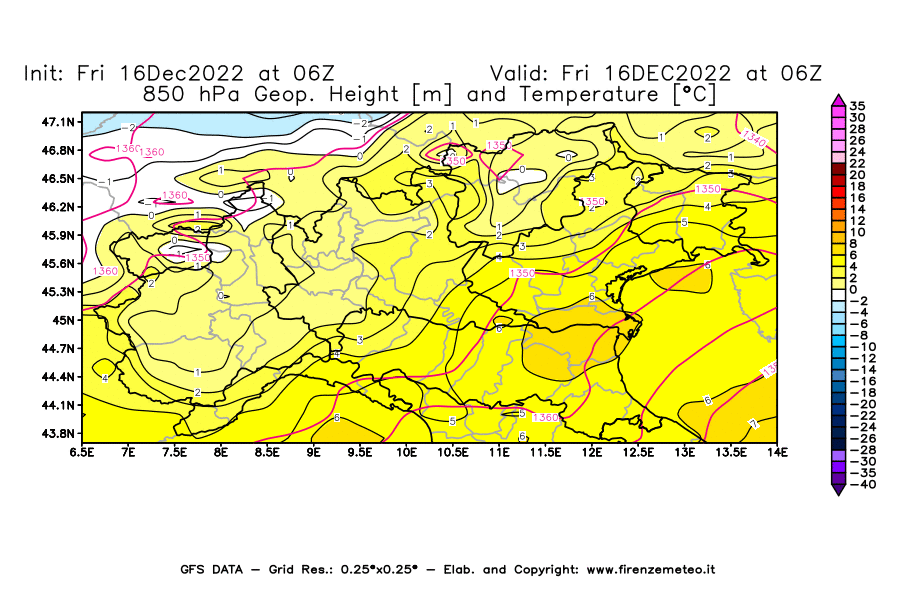 Mappa di analisi GFS - Geopotenziale [m] e Temperatura [°C] a 850 hPa in Nord-Italia
							del 16/12/2022 06 <!--googleoff: index-->UTC<!--googleon: index-->