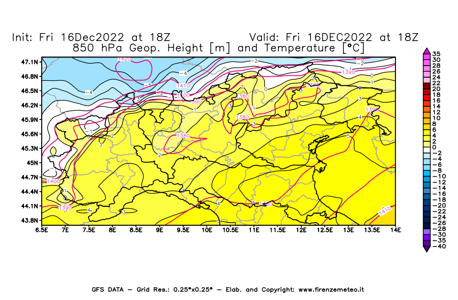 Mappa di analisi GFS - Geopotenziale [m] e Temperatura [°C] a 850 hPa in Nord-Italia
							del 16/12/2022 18 <!--googleoff: index-->UTC<!--googleon: index-->