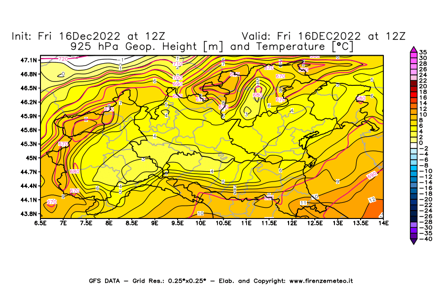Mappa di analisi GFS - Geopotenziale [m] e Temperatura [°C] a 925 hPa in Nord-Italia
							del 16/12/2022 12 <!--googleoff: index-->UTC<!--googleon: index-->
