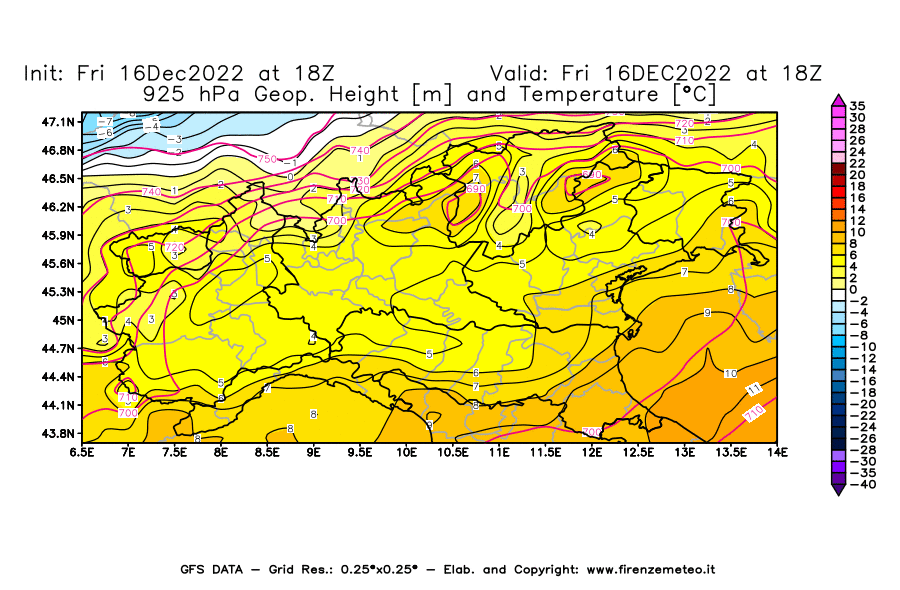 Mappa di analisi GFS - Geopotenziale [m] e Temperatura [°C] a 925 hPa in Nord-Italia
							del 16/12/2022 18 <!--googleoff: index-->UTC<!--googleon: index-->