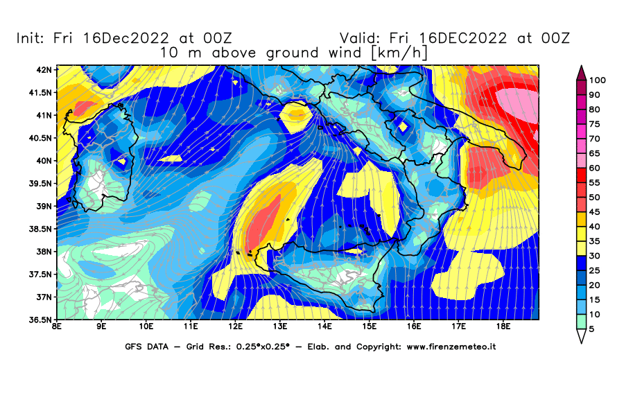 Mappa di analisi GFS - Velocità del vento a 10 metri dal suolo [km/h] in Sud-Italia
							del 16/12/2022 00 <!--googleoff: index-->UTC<!--googleon: index-->