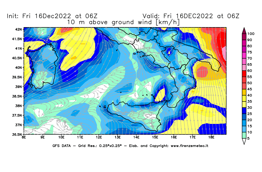 Mappa di analisi GFS - Velocità del vento a 10 metri dal suolo [km/h] in Sud-Italia
							del 16/12/2022 06 <!--googleoff: index-->UTC<!--googleon: index-->