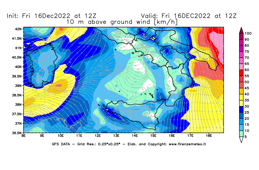 Mappa di analisi GFS - Velocità del vento a 10 metri dal suolo [km/h] in Sud-Italia
							del 16/12/2022 12 <!--googleoff: index-->UTC<!--googleon: index-->
