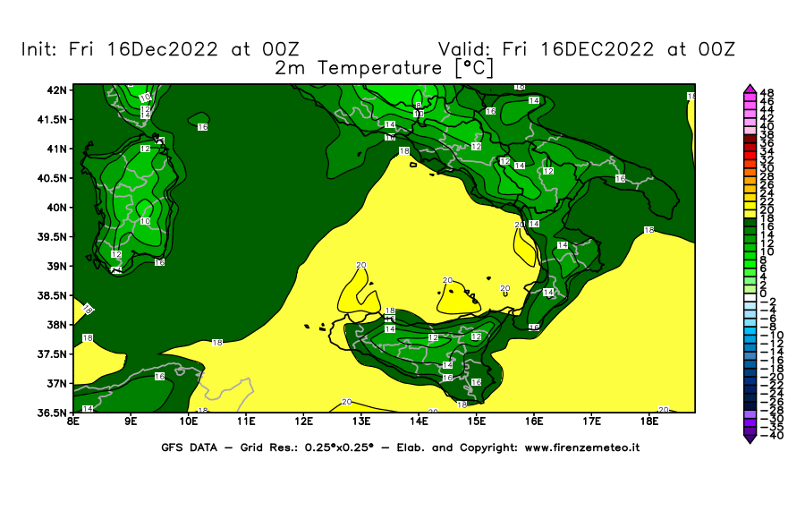 Mappa di analisi GFS - Temperatura a 2 metri dal suolo [°C] in Sud-Italia
							del 16/12/2022 00 <!--googleoff: index-->UTC<!--googleon: index-->