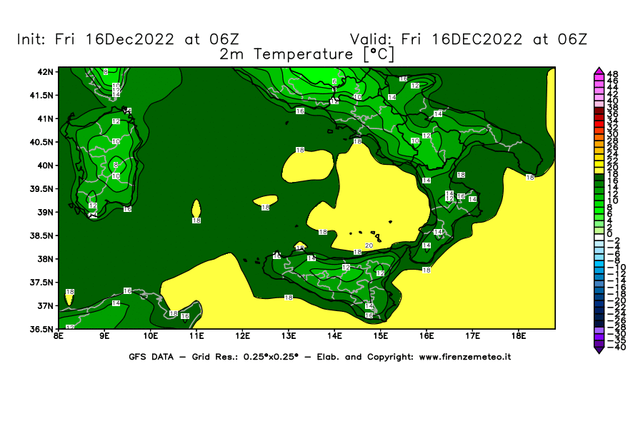 Mappa di analisi GFS - Temperatura a 2 metri dal suolo [°C] in Sud-Italia
							del 16/12/2022 06 <!--googleoff: index-->UTC<!--googleon: index-->