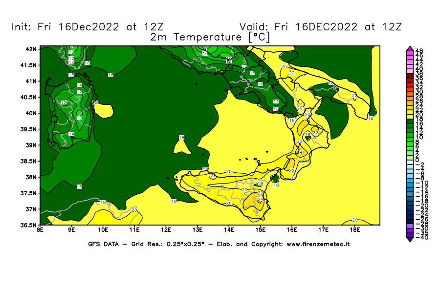 Mappa di analisi GFS - Temperatura a 2 metri dal suolo [°C] in Sud-Italia
							del 16/12/2022 12 <!--googleoff: index-->UTC<!--googleon: index-->