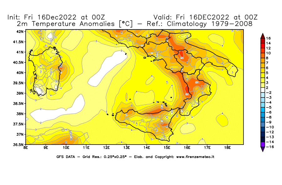 Mappa di analisi GFS - Anomalia Temperatura [°C] a 2 m in Sud-Italia
							del 16/12/2022 00 <!--googleoff: index-->UTC<!--googleon: index-->