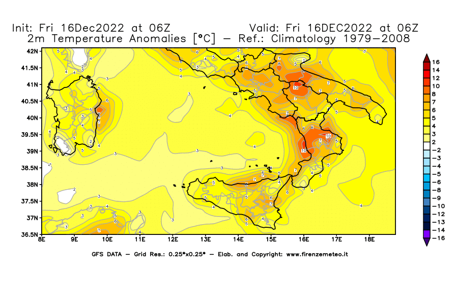 Mappa di analisi GFS - Anomalia Temperatura [°C] a 2 m in Sud-Italia
							del 16/12/2022 06 <!--googleoff: index-->UTC<!--googleon: index-->