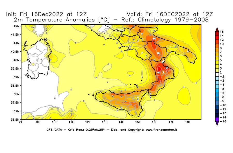 Mappa di analisi GFS - Anomalia Temperatura [°C] a 2 m in Sud-Italia
							del 16/12/2022 12 <!--googleoff: index-->UTC<!--googleon: index-->