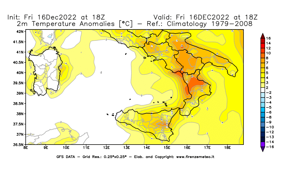 Mappa di analisi GFS - Anomalia Temperatura [°C] a 2 m in Sud-Italia
							del 16/12/2022 18 <!--googleoff: index-->UTC<!--googleon: index-->