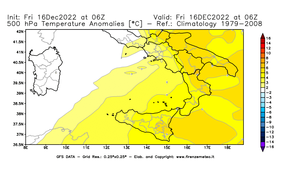 Mappa di analisi GFS - Anomalia Temperatura [°C] a 500 hPa in Sud-Italia
							del 16/12/2022 06 <!--googleoff: index-->UTC<!--googleon: index-->
