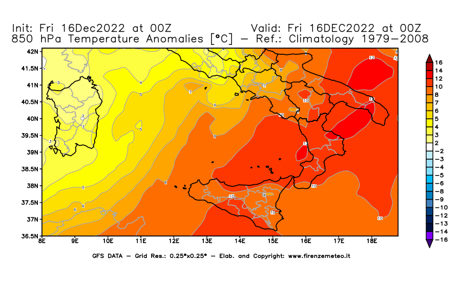 Mappa di analisi GFS - Anomalia Temperatura [°C] a 850 hPa in Sud-Italia
							del 16/12/2022 00 <!--googleoff: index-->UTC<!--googleon: index-->