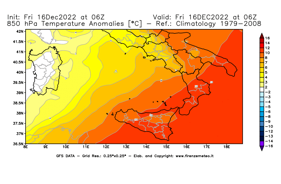 Mappa di analisi GFS - Anomalia Temperatura [°C] a 850 hPa in Sud-Italia
							del 16/12/2022 06 <!--googleoff: index-->UTC<!--googleon: index-->