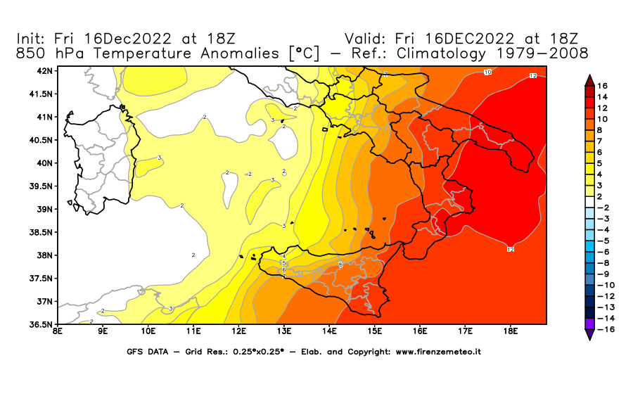 Mappa di analisi GFS - Anomalia Temperatura [°C] a 850 hPa in Sud-Italia
							del 16/12/2022 18 <!--googleoff: index-->UTC<!--googleon: index-->