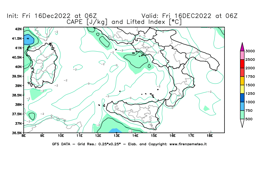Mappa di analisi GFS - CAPE [J/kg] e Lifted Index [°C] in Sud-Italia
							del 16/12/2022 06 <!--googleoff: index-->UTC<!--googleon: index-->