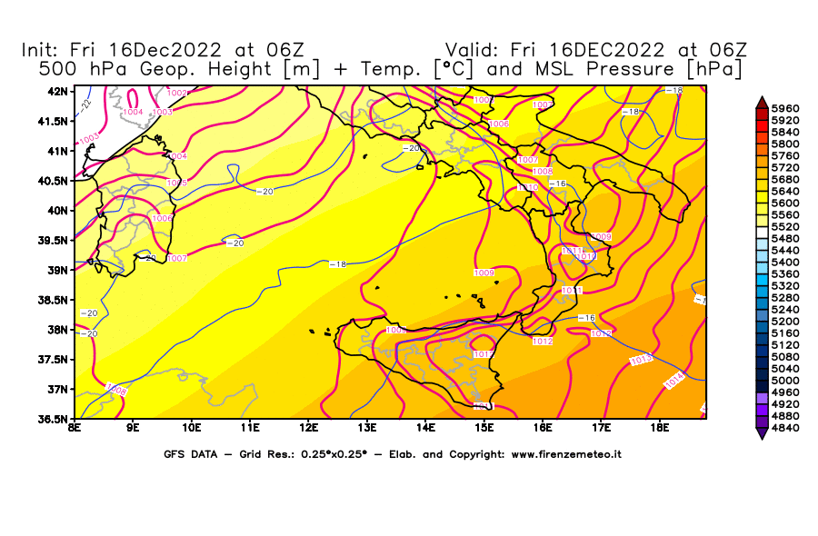 Mappa di analisi GFS - Geopotenziale [m] + Temp. [°C] a 500 hPa + Press. a livello del mare [hPa] in Sud-Italia
							del 16/12/2022 06 <!--googleoff: index-->UTC<!--googleon: index-->