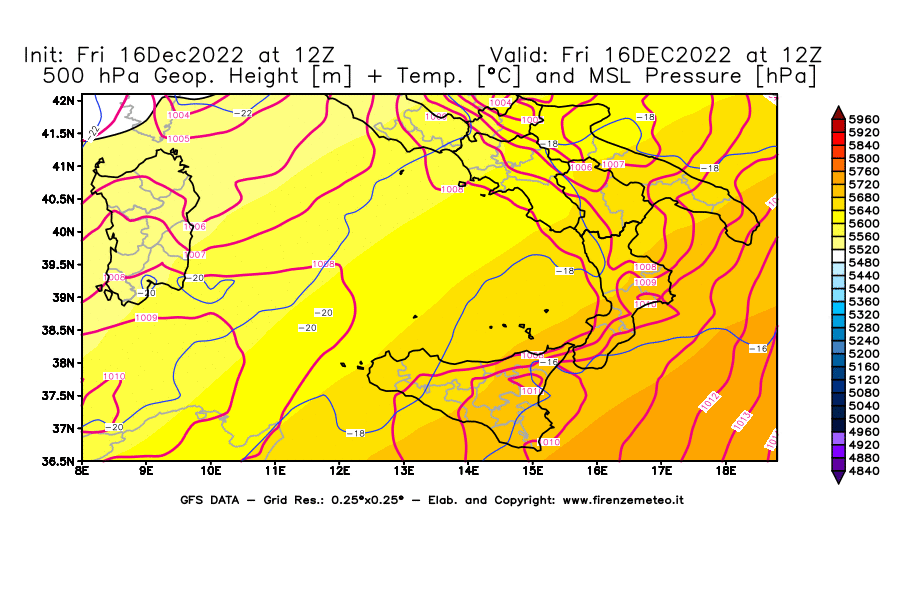 Mappa di analisi GFS - Geopotenziale [m] + Temp. [°C] a 500 hPa + Press. a livello del mare [hPa] in Sud-Italia
							del 16/12/2022 12 <!--googleoff: index-->UTC<!--googleon: index-->