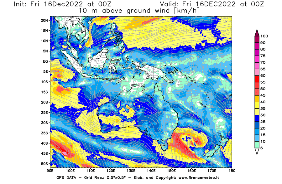 Mappa di analisi GFS - Velocità del vento a 10 metri dal suolo [km/h] in Oceania
							del 16/12/2022 00 <!--googleoff: index-->UTC<!--googleon: index-->