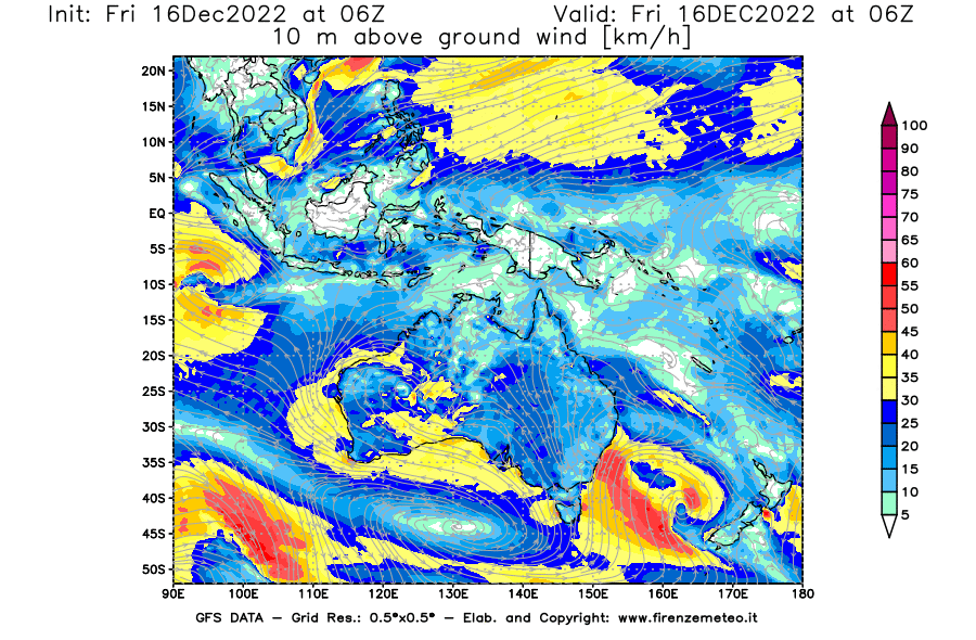 Mappa di analisi GFS - Velocità del vento a 10 metri dal suolo [km/h] in Oceania
							del 16/12/2022 06 <!--googleoff: index-->UTC<!--googleon: index-->