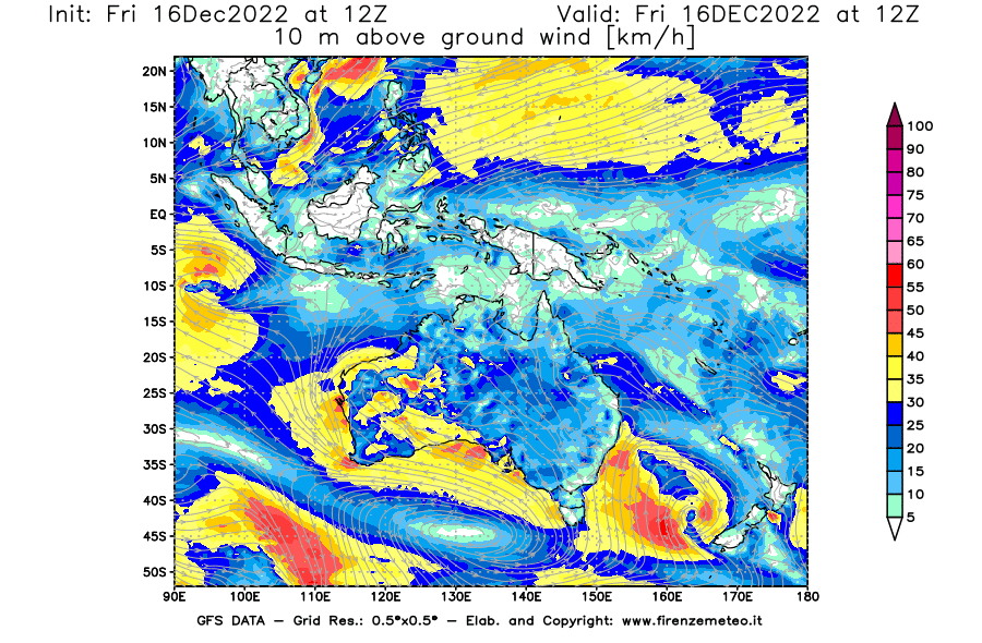 Mappa di analisi GFS - Velocità del vento a 10 metri dal suolo [km/h] in Oceania
							del 16/12/2022 12 <!--googleoff: index-->UTC<!--googleon: index-->