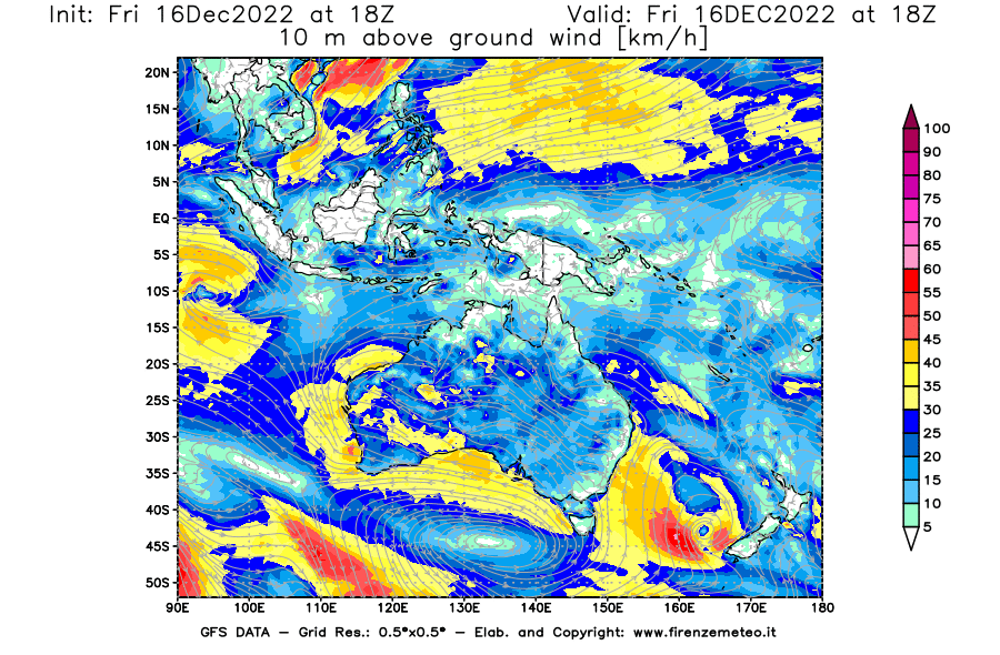Mappa di analisi GFS - Velocità del vento a 10 metri dal suolo [km/h] in Oceania
							del 16/12/2022 18 <!--googleoff: index-->UTC<!--googleon: index-->