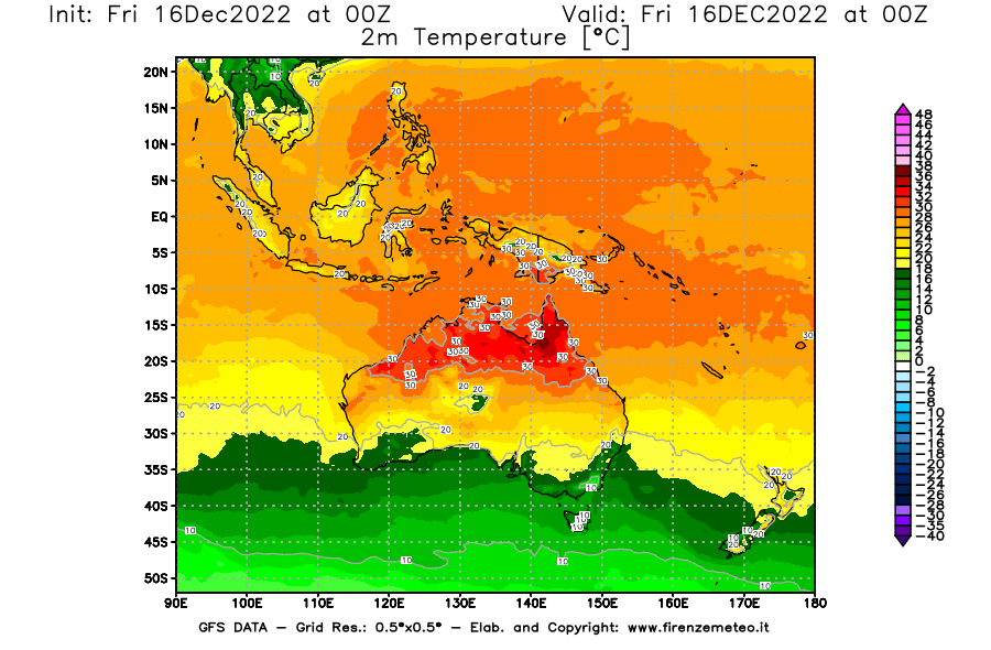 Mappa di analisi GFS - Temperatura a 2 metri dal suolo [°C] in Oceania
							del 16/12/2022 00 <!--googleoff: index-->UTC<!--googleon: index-->