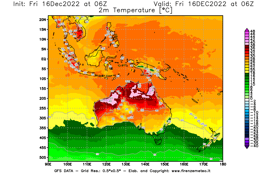 Mappa di analisi GFS - Temperatura a 2 metri dal suolo [°C] in Oceania
							del 16/12/2022 06 <!--googleoff: index-->UTC<!--googleon: index-->
