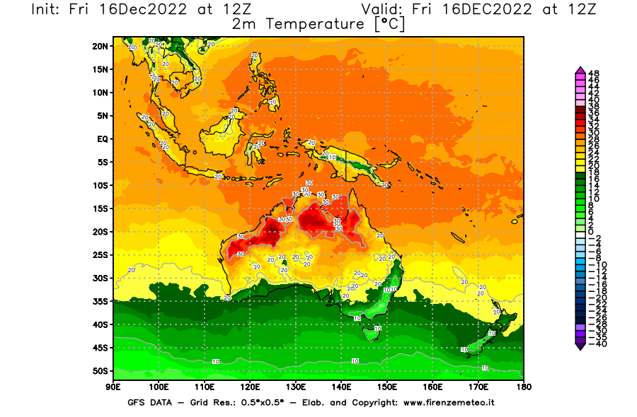 Mappa di analisi GFS - Temperatura a 2 metri dal suolo [°C] in Oceania
							del 16/12/2022 12 <!--googleoff: index-->UTC<!--googleon: index-->