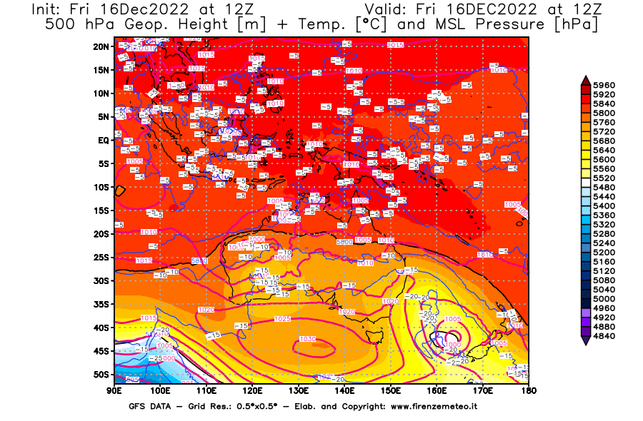 Mappa di analisi GFS - Geopotenziale [m] + Temp. [°C] a 500 hPa + Press. a livello del mare [hPa] in Oceania
							del 16/12/2022 12 <!--googleoff: index-->UTC<!--googleon: index-->