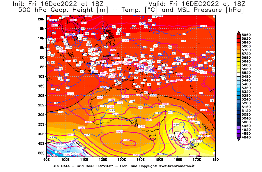 Mappa di analisi GFS - Geopotenziale [m] + Temp. [°C] a 500 hPa + Press. a livello del mare [hPa] in Oceania
							del 16/12/2022 18 <!--googleoff: index-->UTC<!--googleon: index-->