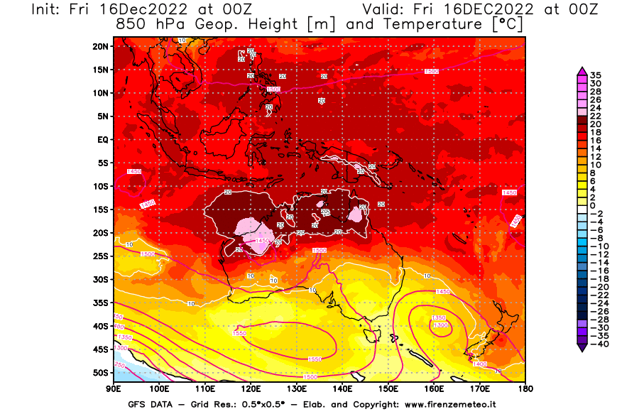 Mappa di analisi GFS - Geopotenziale [m] e Temperatura [°C] a 850 hPa in Oceania
							del 16/12/2022 00 <!--googleoff: index-->UTC<!--googleon: index-->