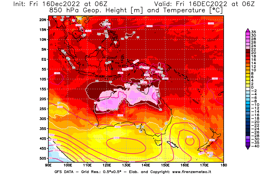 Mappa di analisi GFS - Geopotenziale [m] e Temperatura [°C] a 850 hPa in Oceania
							del 16/12/2022 06 <!--googleoff: index-->UTC<!--googleon: index-->