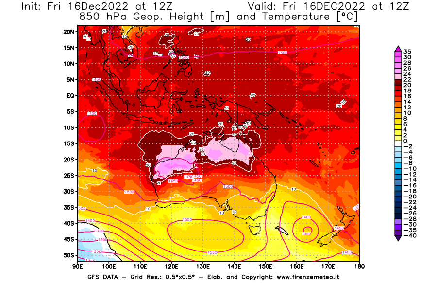 Mappa di analisi GFS - Geopotenziale [m] e Temperatura [°C] a 850 hPa in Oceania
							del 16/12/2022 12 <!--googleoff: index-->UTC<!--googleon: index-->