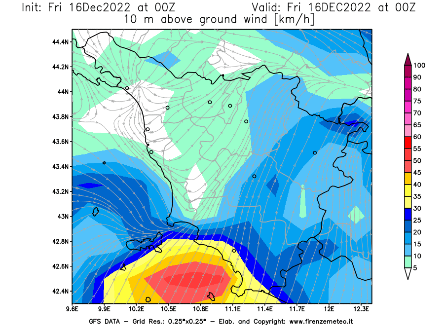 Mappa di analisi GFS - Velocità del vento a 10 metri dal suolo [km/h] in Toscana
							del 16/12/2022 00 <!--googleoff: index-->UTC<!--googleon: index-->
