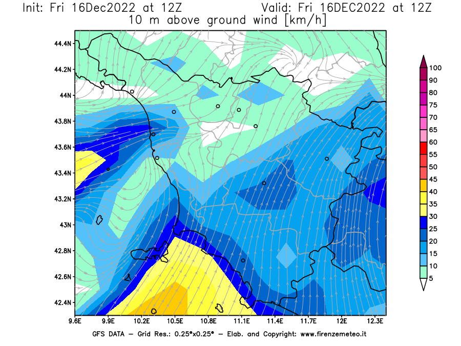 Mappa di analisi GFS - Velocità del vento a 10 metri dal suolo [km/h] in Toscana
							del 16/12/2022 12 <!--googleoff: index-->UTC<!--googleon: index-->