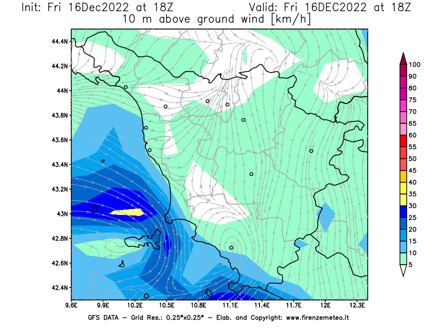 Mappa di analisi GFS - Velocità del vento a 10 metri dal suolo [km/h] in Toscana
							del 16/12/2022 18 <!--googleoff: index-->UTC<!--googleon: index-->